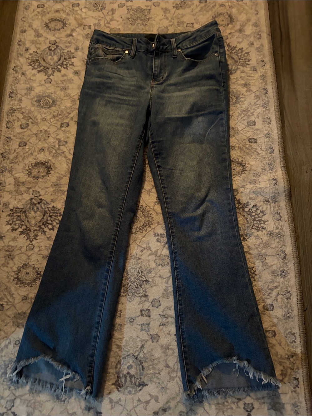 Med Blue Frayed Hem Flare Jeans 26.5 “ inseam